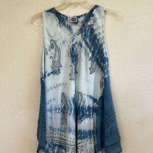 Women's Lightweight Long Tank Swim Cover Up Blue Tie Dye Sheer Boho Beachy Sz M